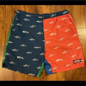 Vineyard Vines Two-Tone Navy & Red Fishbone Print Swim Trunks